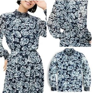 NWOT J.Crew Shaded Floral Crinkle Chiffon Smocked Top In Navy Ikat